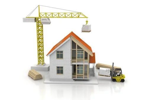 House 3d rendering illustration with open interior on top. Blueprints, docume Stock Illustration