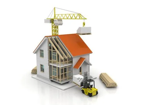 House 3d rendering illustration with open interior on top. Blueprints, docume Stock Illustration