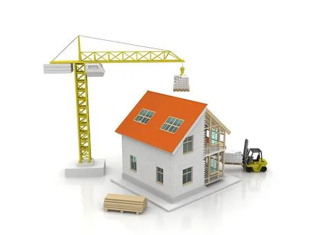 House 3d rendering illustration with open interior on top. Blueprints, docume Illustrazione stock