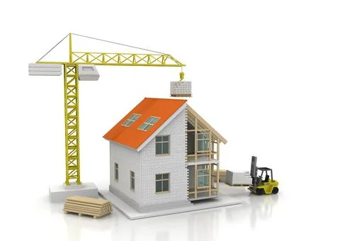 House 3d rendering illustration with open interior on top. Blueprints, docume Stock Illustration