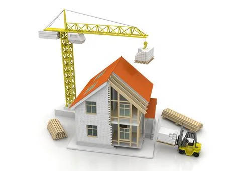 House 3d rendering illustration with open interior on top. Blueprints, docume Stock Illustration