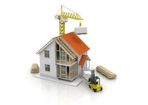 House 3d rendering illustration with open interior on top. Blueprints, docume Illustrazione stock