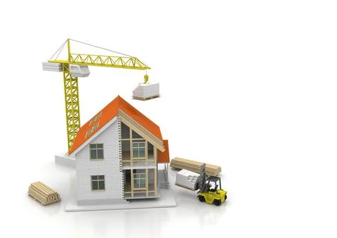 House 3d rendering illustration with open interior on top. Blueprints, docume Stock Illustration