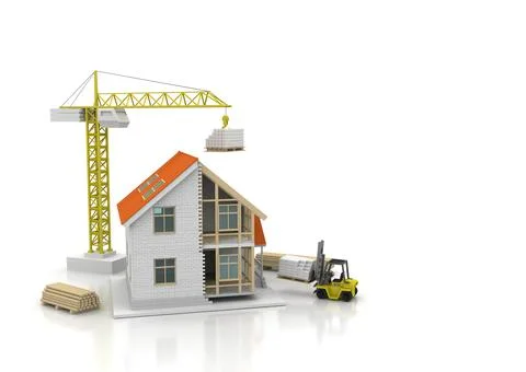 House 3d rendering illustration with open interior on top. Blueprints, docume Stock Illustration