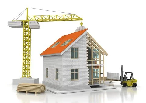 House 3d rendering illustration with open interior on top. Blueprints, docume Stock Illustration