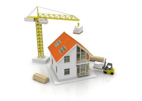 House 3d rendering illustration with open interior on top. Blueprints, docume Stock Illustration