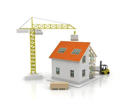 House 3d rendering illustration with open interior on top. Blueprints, docume Stock Illustration