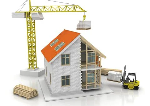 House 3d rendering illustration with open interior on top. Blueprints, docume Stock Illustration