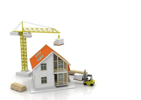 House 3d rendering illustration with open interior on top. Blueprints, docume Stock Illustration