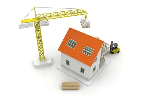 House 3d rendering illustration with open interior on top. Blueprints, docume Stock Illustration