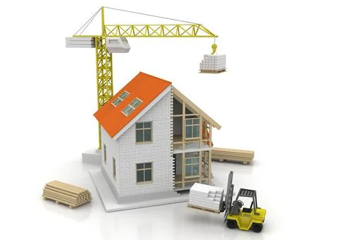 House 3d rendering illustration with open interior on top. Blueprints, docume Stock Illustration