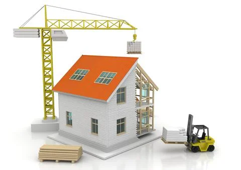 House 3d rendering illustration with open interior on top. Blueprints, docume Illustrazione stock