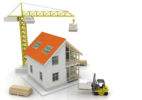 House 3d rendering illustration with open interior on top. Blueprints, docume Stock Illustration