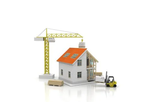 House 3d rendering illustration with open interior on top. Blueprints, docume Stock Illustration