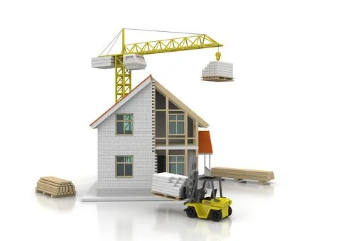 House 3d rendering illustration with open interior on top. Blueprints, docume Stock Illustration