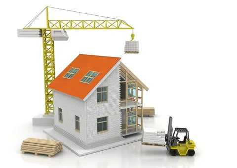 House 3d rendering illustration with open interior on top. Blueprints, docume Stock Illustration