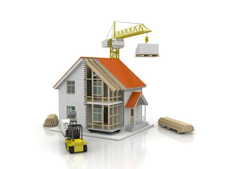 House 3d rendering illustration with open interior on top. Blueprints, docume Stock Illustration