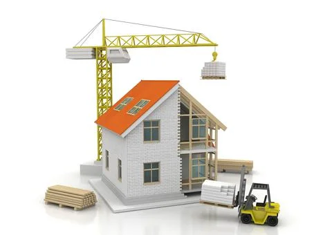 House 3d rendering illustration with open interior on top. Blueprints, docume Stock Illustration