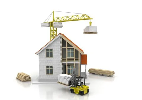 House 3d rendering illustration with open interior on top. Blueprints, docume Stock Illustration