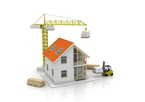 House 3d rendering illustration with open interior on top. Blueprints, docume Stock Illustration