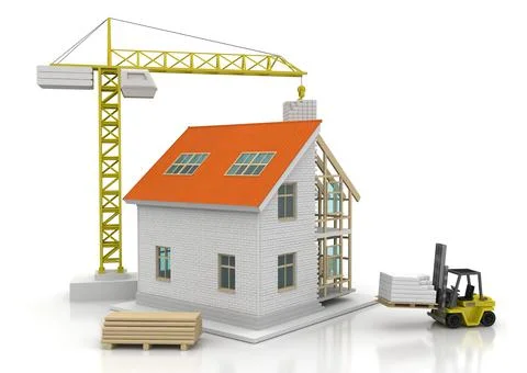 House 3d rendering illustration with open interior on top. Blueprints, docume Stock Illustration