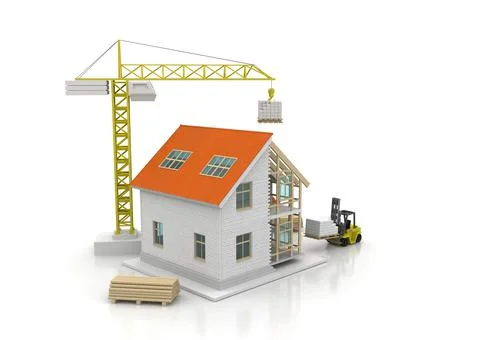 House 3d rendering illustration with open interior on top. Blueprints, docume Illustrazione stock