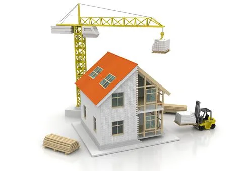 House 3d rendering illustration with open interior on top. Blueprints, docume Stock Illustration