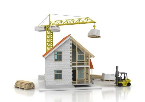 House 3d rendering illustration with open interior on top. Blueprints, docume Stock Illustration