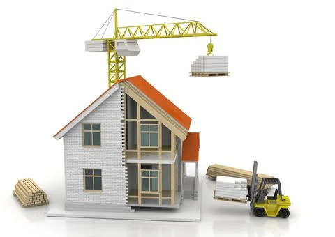 House 3d rendering illustration with open interior on top. Blueprints, docume Stock Illustration