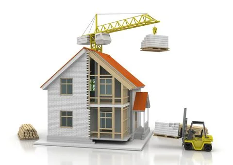 House 3d rendering illustration with open interior on top. Blueprints, docume Stock Illustration