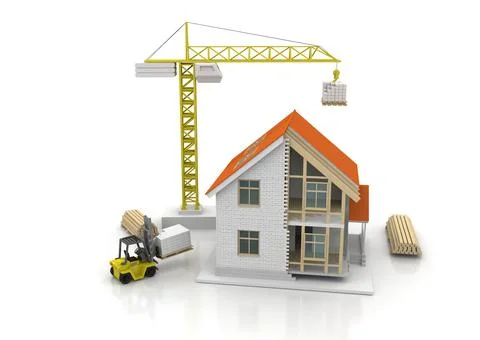 House 3d rendering illustration with open interior on top. Blueprints, docume Stock Illustration