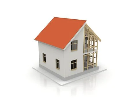 House 3d rendering illustration with open interior on top. Blueprints, docume Stock Illustration