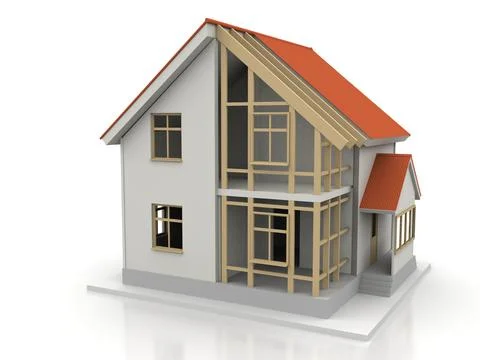 House 3d rendering illustration with open interior on top. Blueprints, docume Stock Illustration