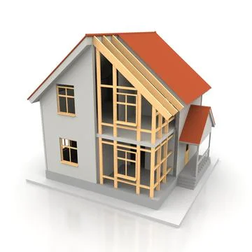 House 3d rendering illustration with open interior on top. Blueprints, docume Illustrazione stock