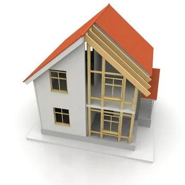 House 3d rendering illustration with open interior on top. Blueprints, docume Illustrazione stock