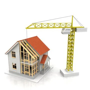 House 3d rendering illustration with open interior on top. Blueprints, docume Stock Illustration