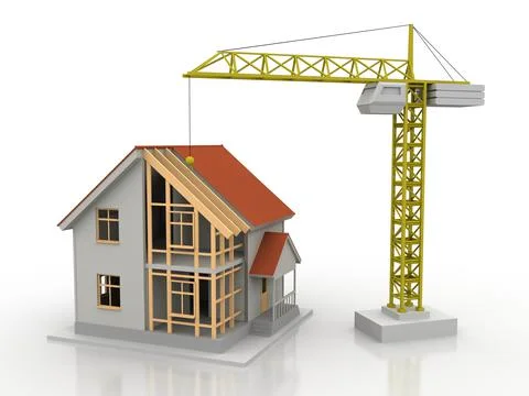 House 3d rendering illustration with open interior on top. Blueprints, docume Stock Illustration