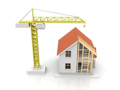 House 3d rendering illustration with open interior on top. Blueprints, docume Stock Illustration