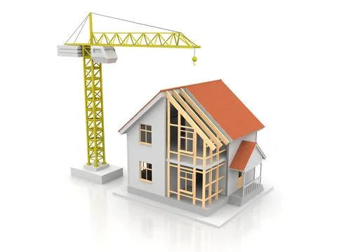 House 3d rendering illustration with open interior on top. Blueprints, docume Illustrazione stock