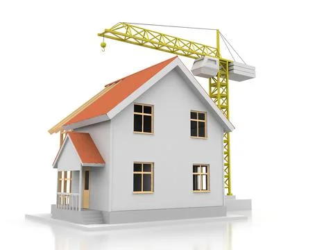 House 3d rendering illustration with open interior on top. Blueprints, docume Stock Illustration