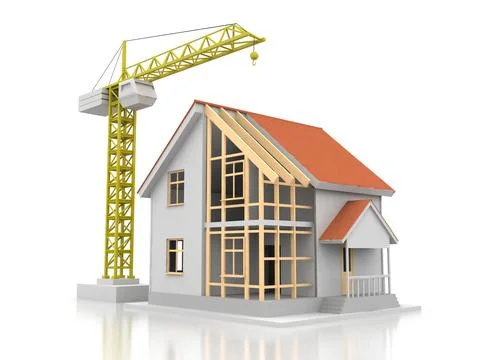 House 3d rendering illustration with open interior on top. Blueprints, docume Stock Illustration