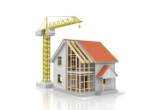 House 3d rendering illustration with open interior on top. Blueprints, docume Stock Illustration