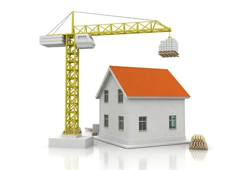 House 3d rendering illustration with open interior on top. Blueprints, docume Stock Illustration