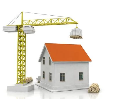 House 3d rendering illustration with open interior on top. Blueprints, docume Stock Illustration