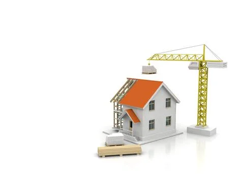 House 3d rendering illustration with open interior on top. Blueprints, docume Illustrazione stock