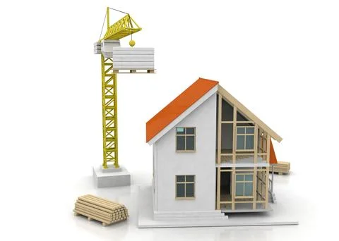 House 3d rendering illustration with open interior on top. Blueprints, docume Stock Illustration