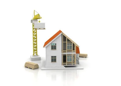 House 3d rendering illustration with open interior on top. Blueprints, docume Stock Illustration