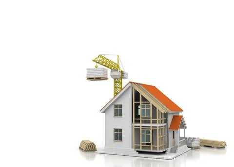 House 3d rendering illustration with open interior on top. Blueprints, docume Stock Illustration