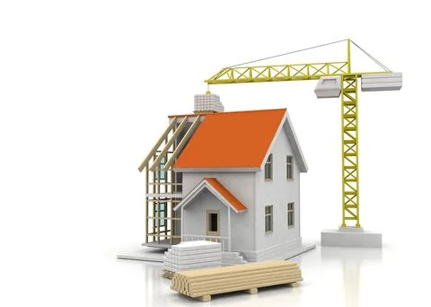 House 3d rendering illustration with open interior on top. Blueprints, docume Illustrazione stock