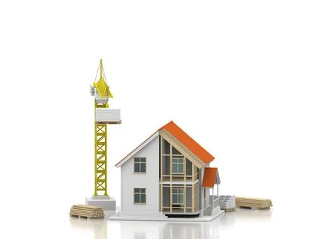 House 3d rendering illustration with open interior on top. Blueprints, docume Stock Illustration